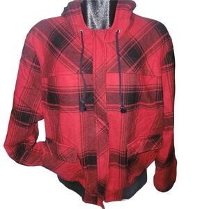 Old Navy Women's Red Black Wool Blend Plaid Hooded Bomber Jacket Size XXL